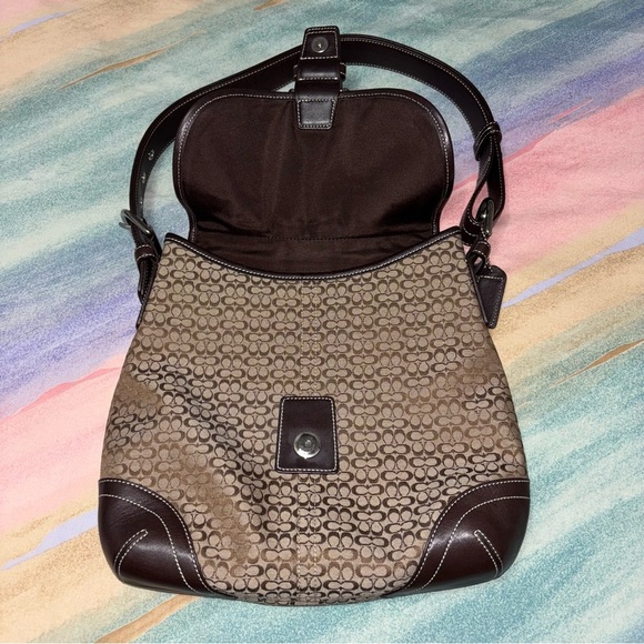 Coach Purse Crossbody Bag Brown Leather Light Fabric Canvas K3M-6376 Authentic - Picture 10 of 15